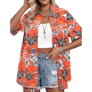 NEW Women's Hawaiian Shirt Tropical Palm Tree Print‎ Button Down Orange XXL